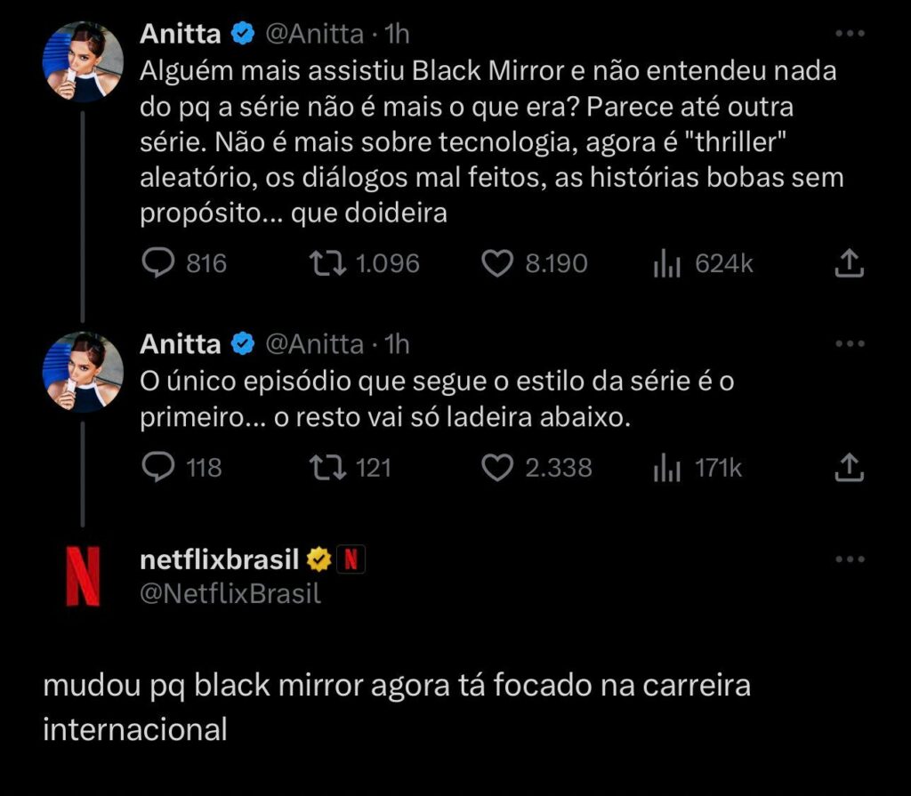 Anitta critica série da Netflix e perfil do serviço de streaming