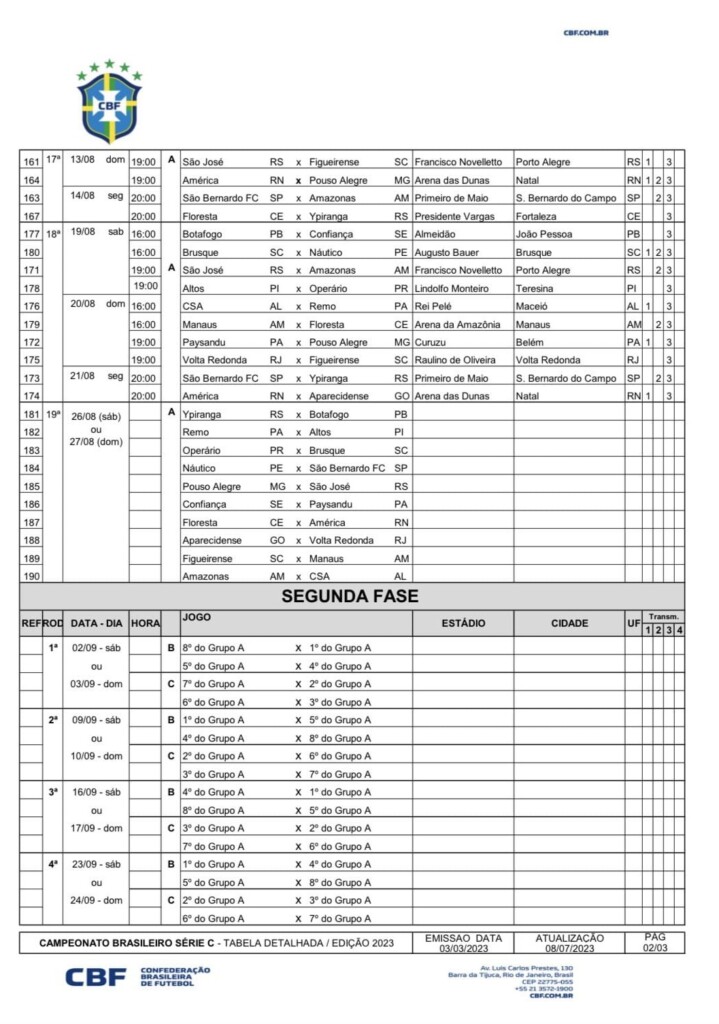 CBF divulga tabela detalhada da Série C de 2023; veja jogos do Altos, brasileirão série c